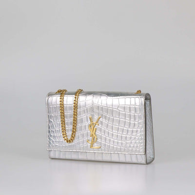 Saint Laurent Silver Croc Embossed Leather Medium Kate Shoulder Bag