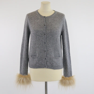 Prada Grey Shearling Trimmed Knit Long Sleeve Cardigan Womens Prada 