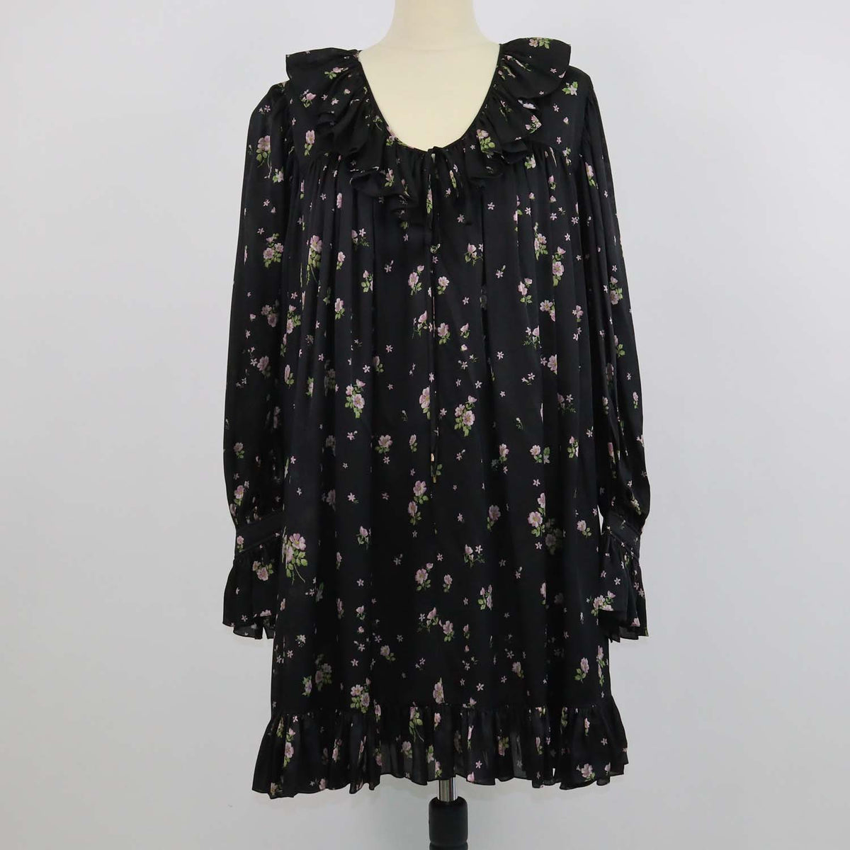Chloe Black Silk Floral Print Ruffled Mini Dress