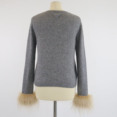 Prada Grey Shearling Trimmed Knit Long Sleeve Cardigan Womens Prada 