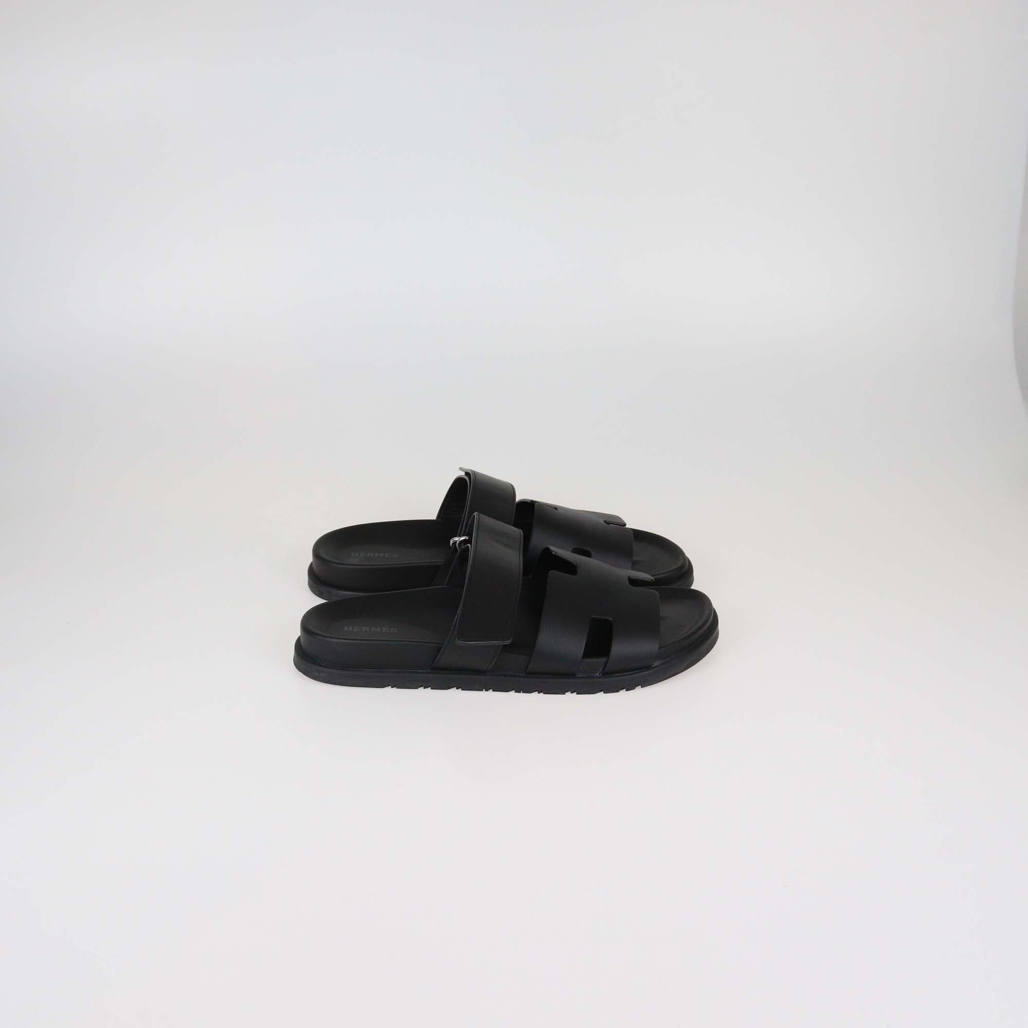 Hermes Black Leather Chypre Slide Sandals