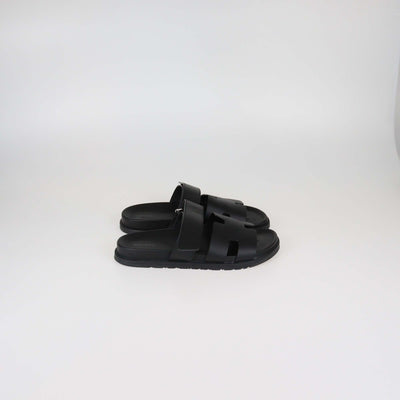 Hermes Black Leather Chypre Slide Sandals