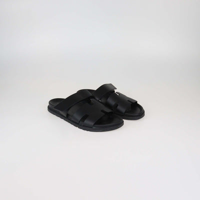 Hermes Black Leather Chypre Slide Sandals