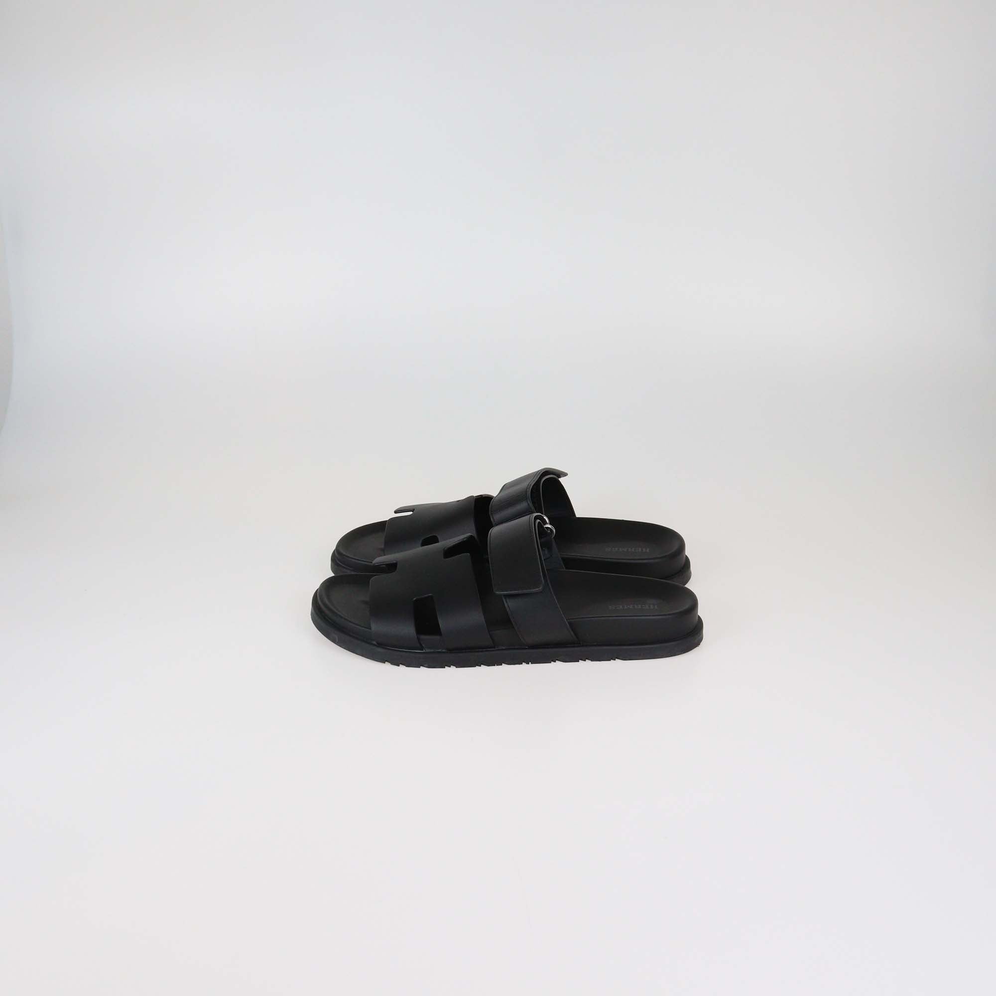 Hermes Black Leather Chypre Slide Sandals