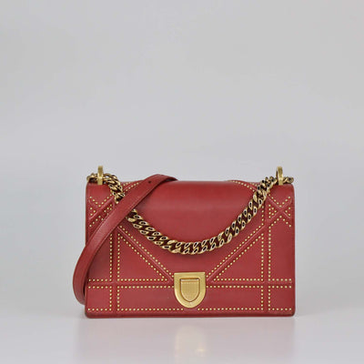 Christian Dior Red Cannage Leather Medium Studded Diorama Shoulder Bag