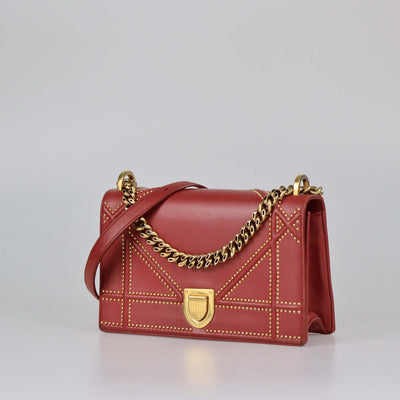 Christian Dior Red Cannage Leather Medium Studded Diorama Shoulder Bag