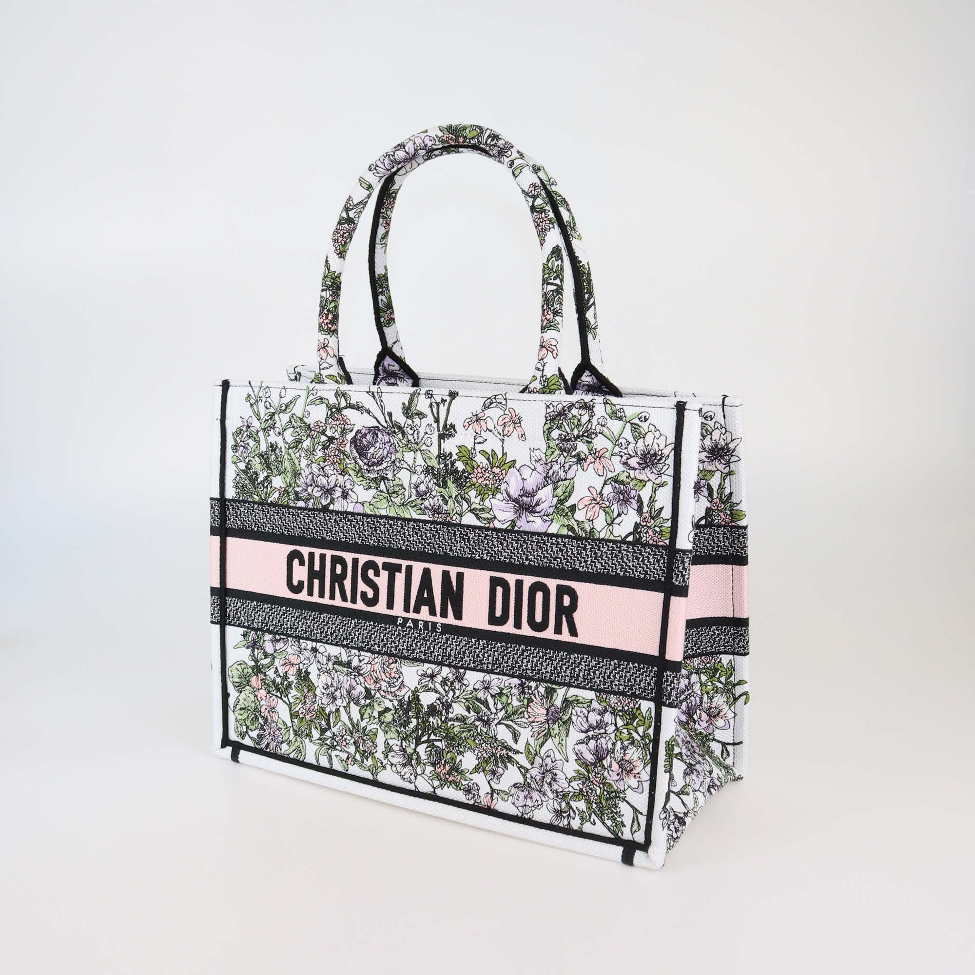 Christian Dior White/Pink Floral Embroidered Medium Book Tote