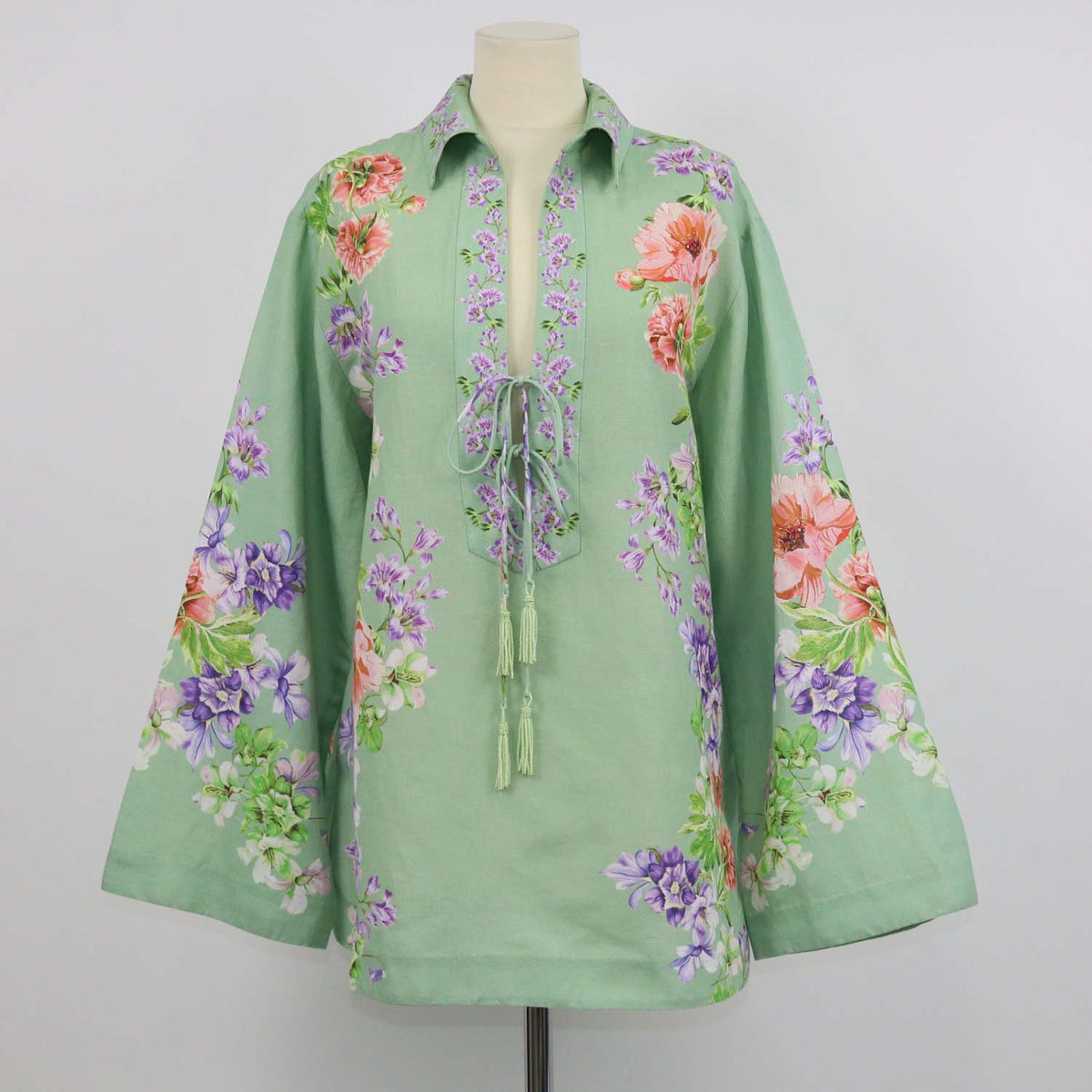 Hemant & Nandita Green Linen Cotton Floral Print Drop Shoulder Collar Tunic