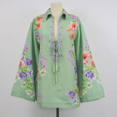 Hemant & Nandita Green Linen Cotton Floral Print Drop Shoulder Collar Tunic