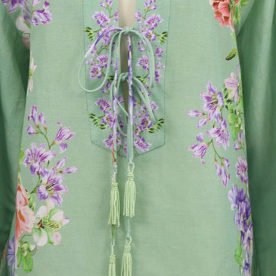 Hemant & Nandita Green Linen Cotton Floral Print Drop Shoulder Collar Tunic