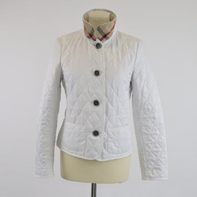 Burberry White/Checked Collar Diamond Quilted Button Front Jacket Womens Burberry 