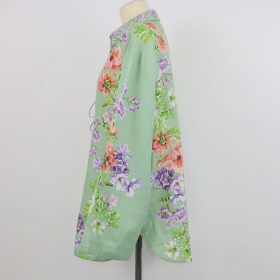 Hemant & Nandita Green Linen Cotton Floral Print Drop Shoulder Collar Tunic