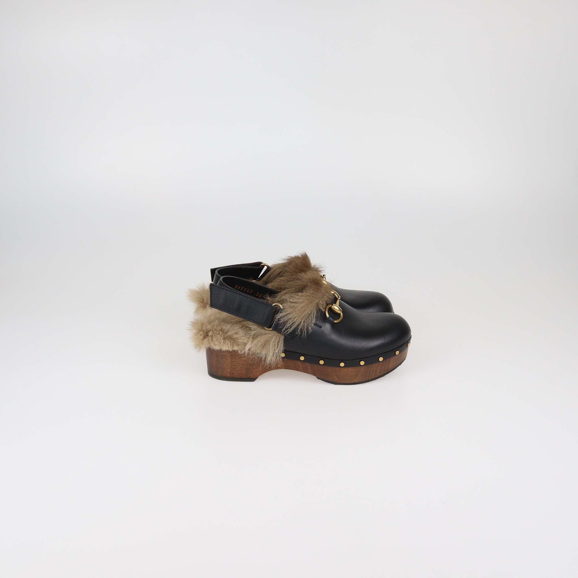 Gucci Black Leather and Fur Amstel Horsebit Slingback Clog Sandals