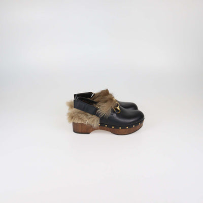 Gucci Black Leather and Fur Amstel Horsebit Slingback Clog Sandals