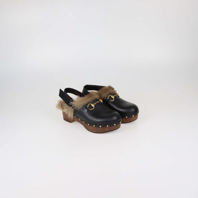 Gucci Black Leather and Fur Amstel Horsebit Slingback Clog Sandals