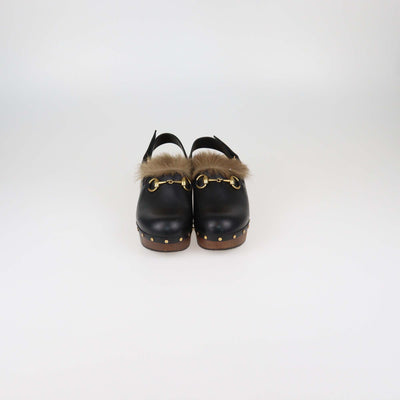 Gucci Black Leather and Fur Amstel Horsebit Slingback Clog Sandals