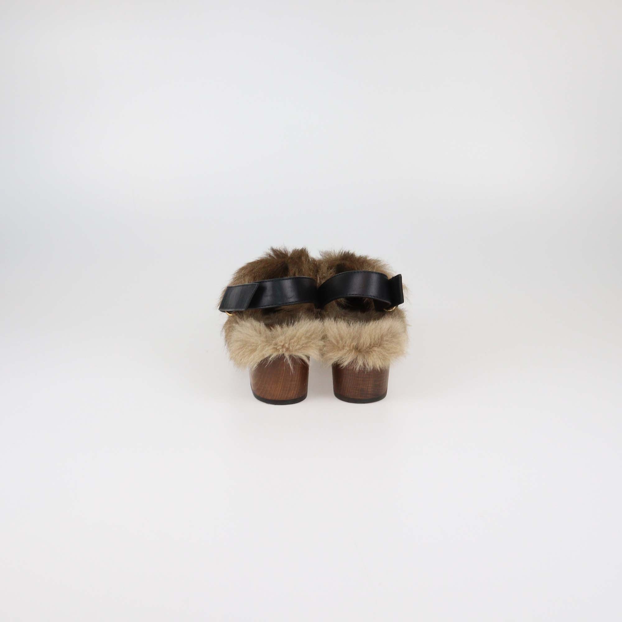Gucci Black Leather and Fur Amstel Horsebit Slingback Clog Sandals