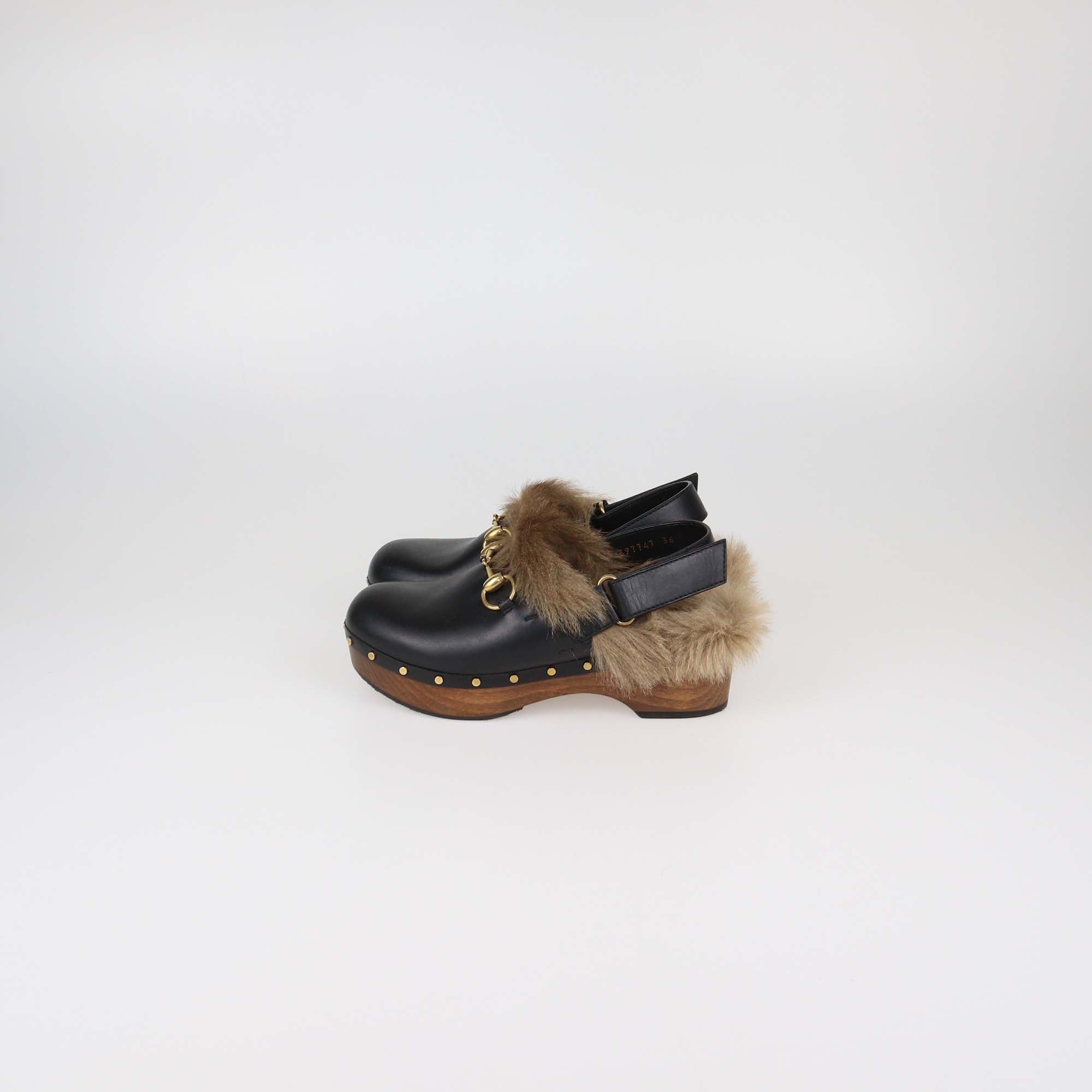 Gucci Black Leather and Fur Amstel Horsebit Slingback Clog Sandals