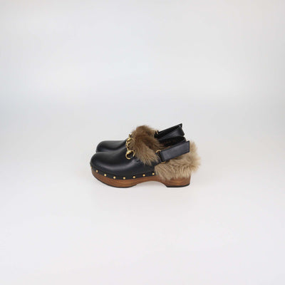 Gucci Black Leather and Fur Amstel Horsebit Slingback Clog Sandals