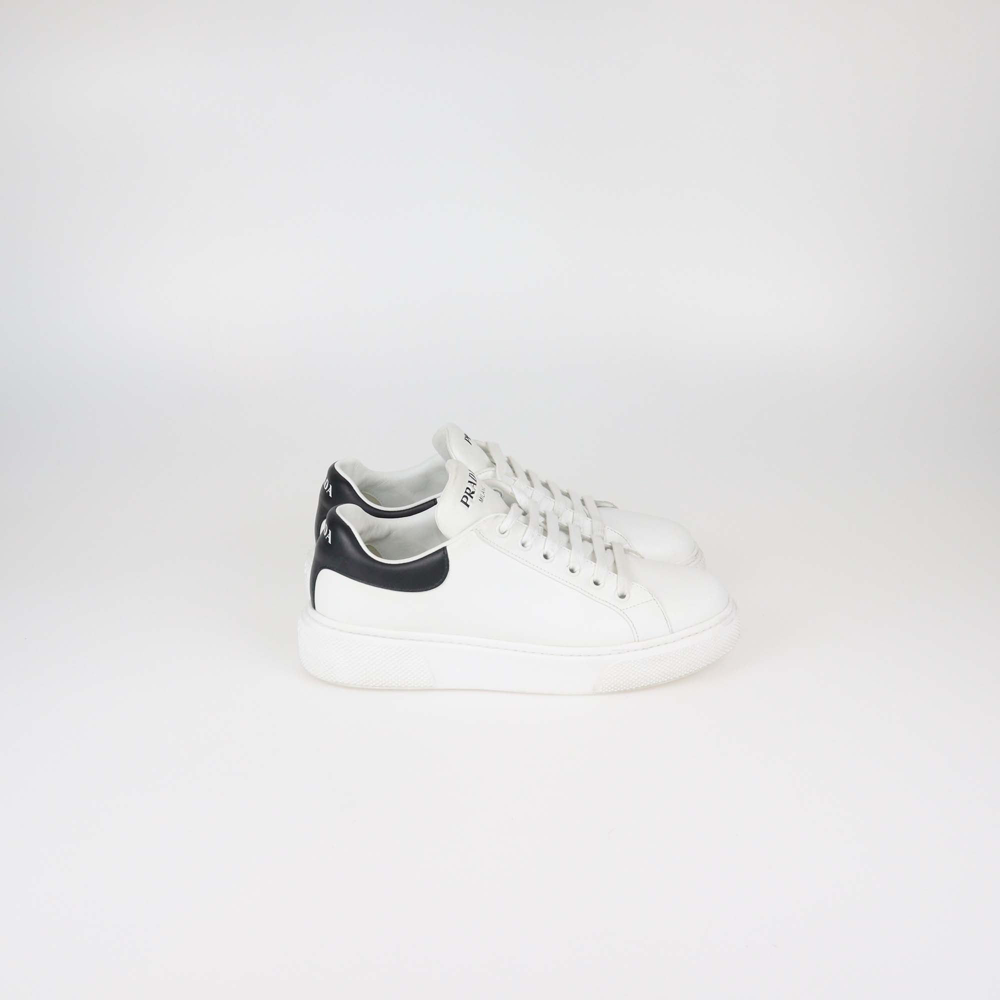 Prada White/Black Leather Macro Lace Up Sneakers