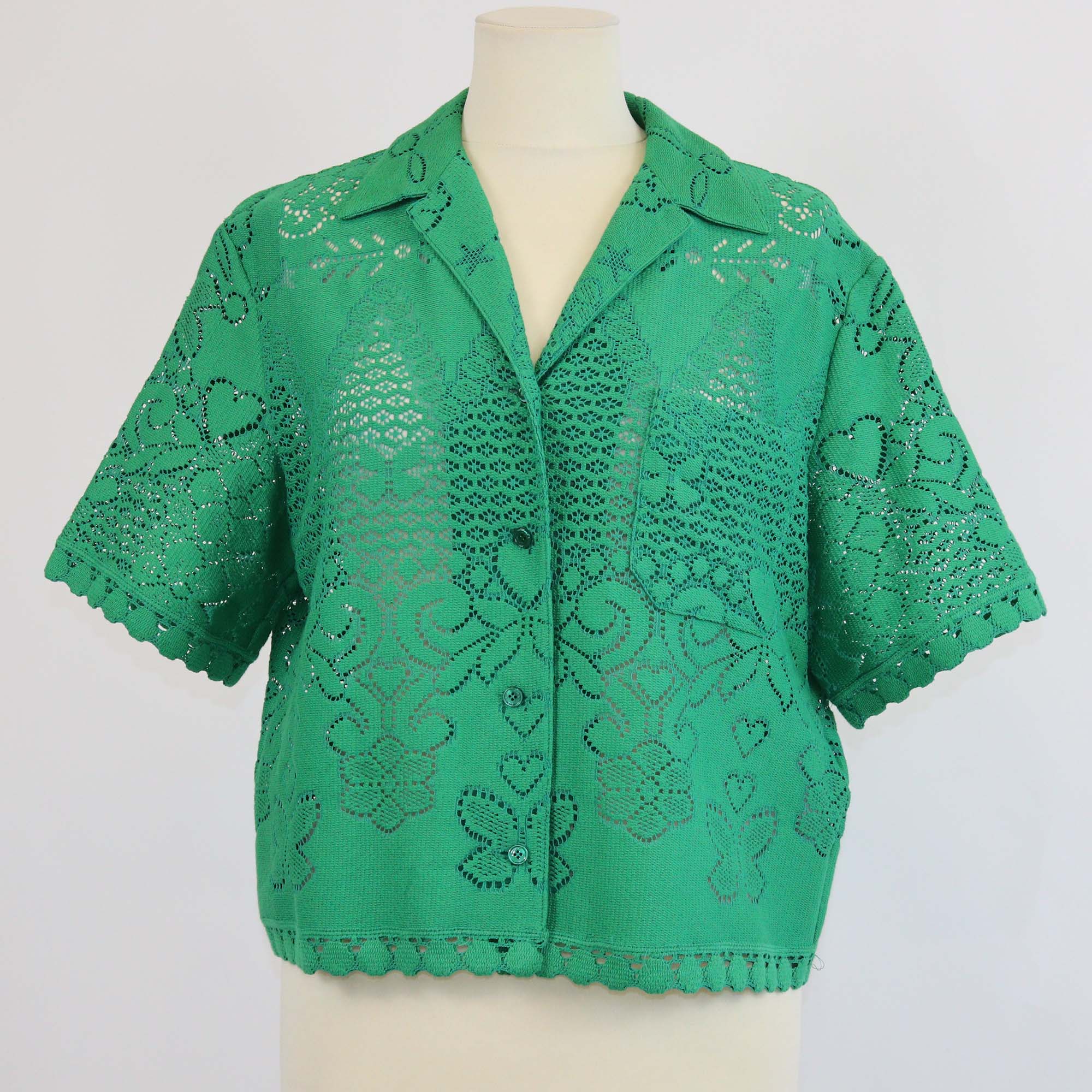 Valentino Green Cotton Lace Pattern Short Sleeve Shirt
