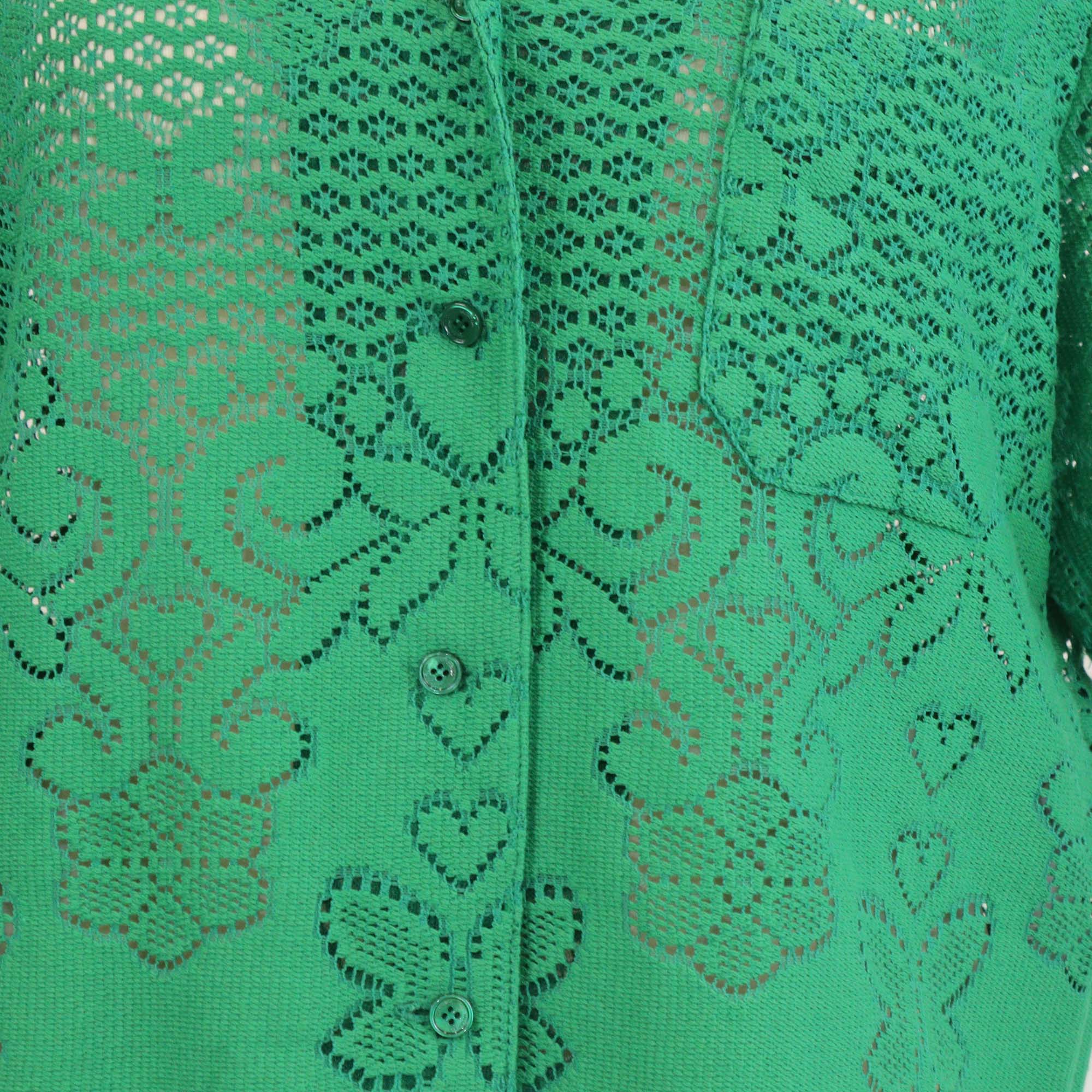 Valentino Green Cotton Lace Pattern Short Sleeve Shirt