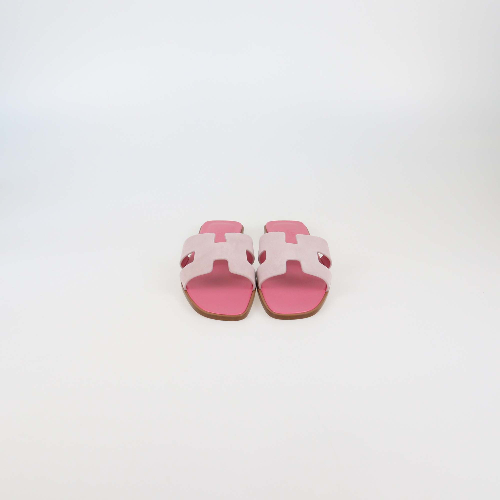 Hermes Rose Porcelaine Suede Oran Sandals