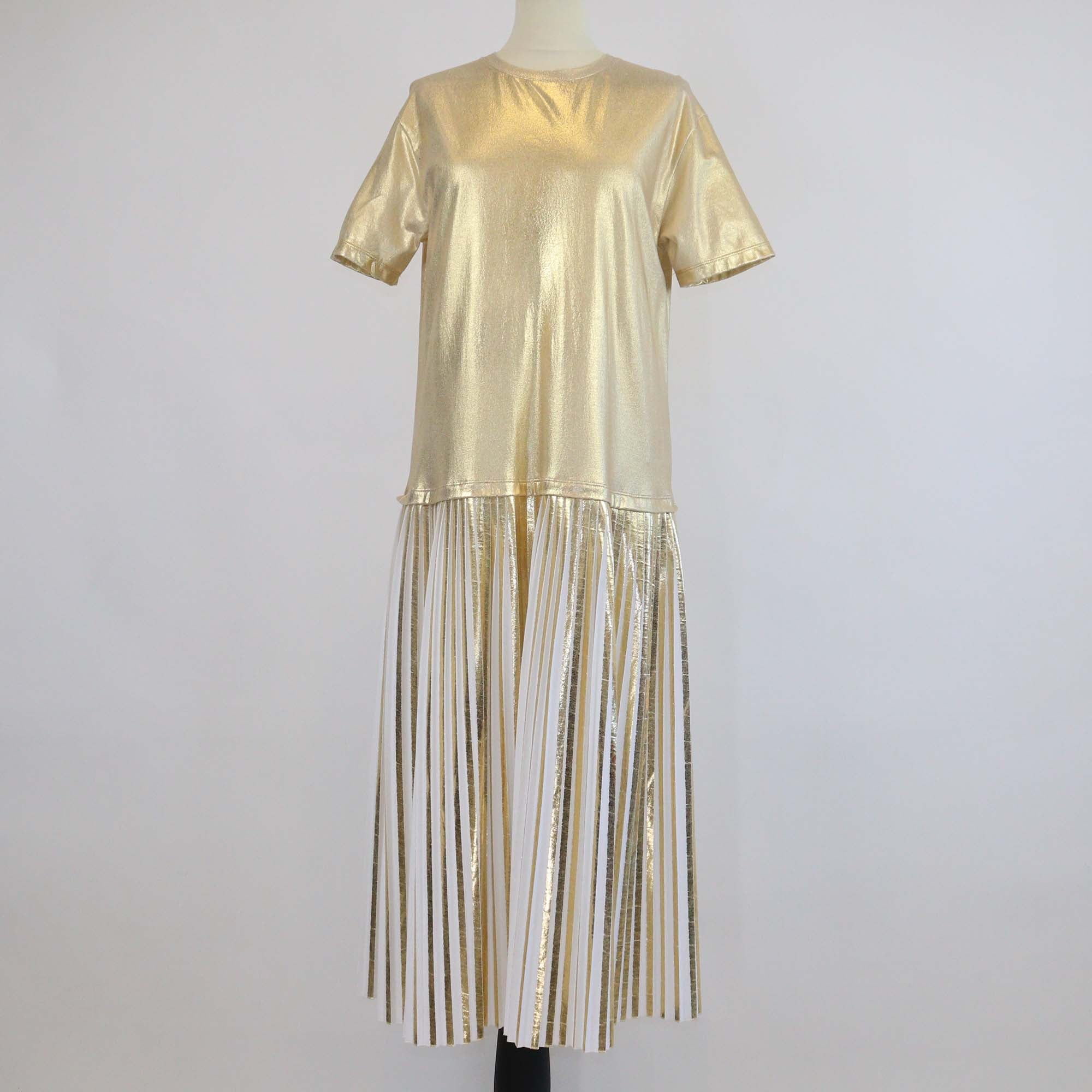 Valentino Gold/White Cotton Pleated Short Sleeve Midi Dress