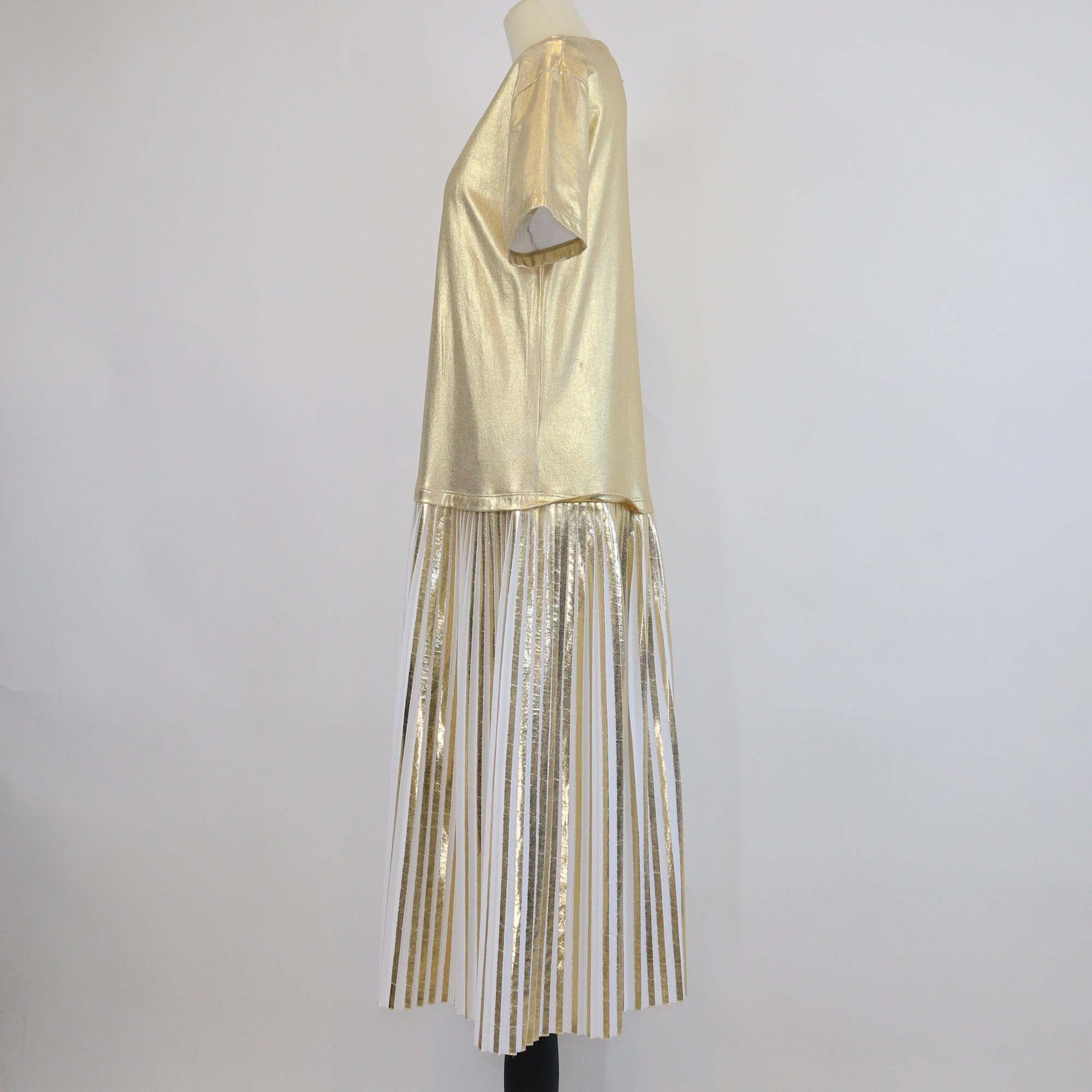 Valentino Gold/White Cotton Pleated Short Sleeve Midi Dress