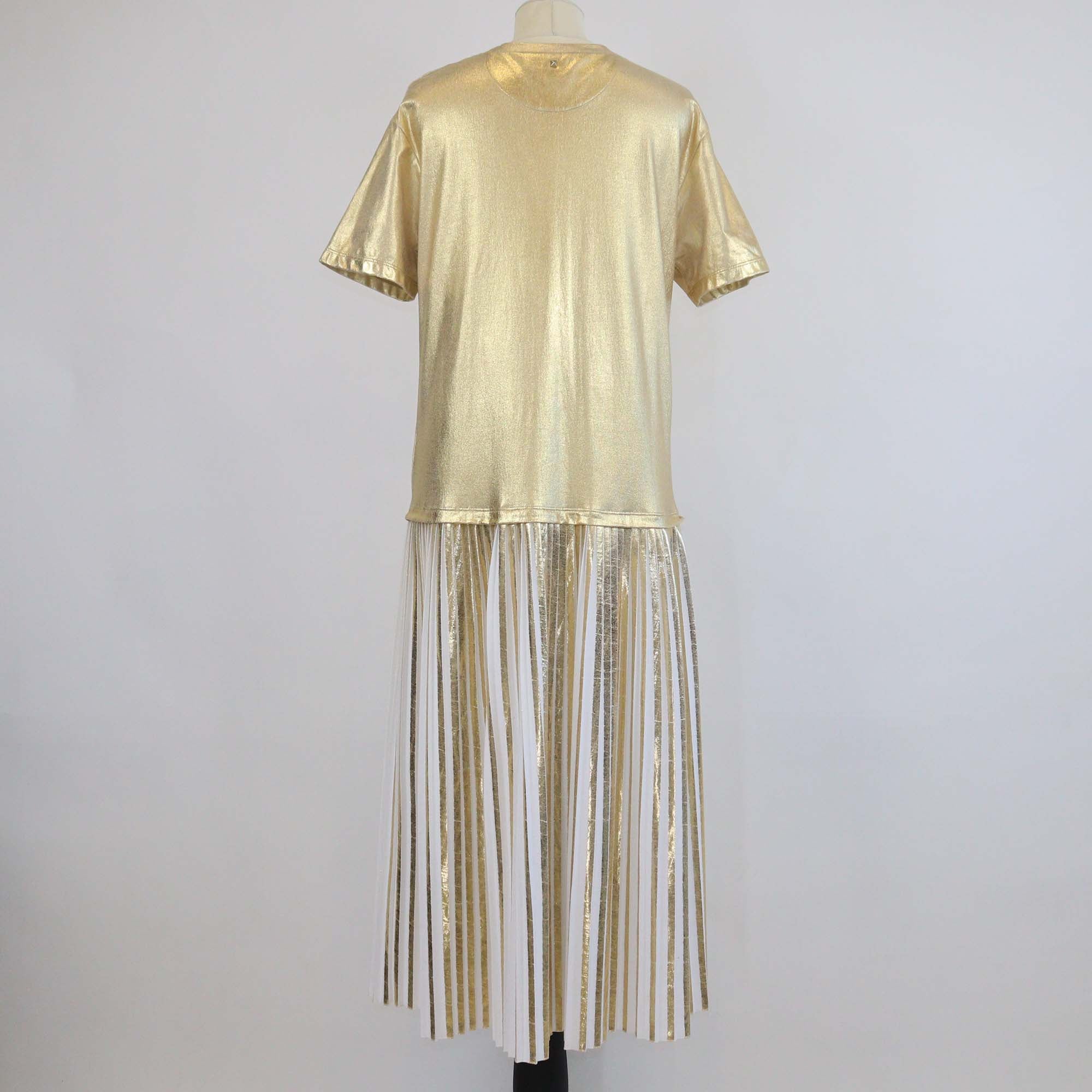 Valentino Gold/White Cotton Pleated Short Sleeve Midi Dress