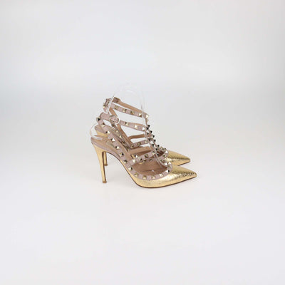 Valentino Gold/Rose Gold Water Snakeskin and Leather Rockstud Ankle Strap Pumps