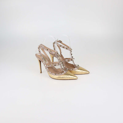 Valentino Gold/Rose Gold Water Snakeskin and Leather Rockstud Ankle Strap Pumps