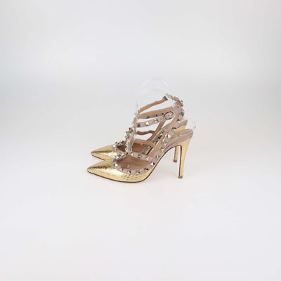 Valentino Gold/Rose Gold Water Snakeskin and Leather Rockstud Ankle Strap Pumps