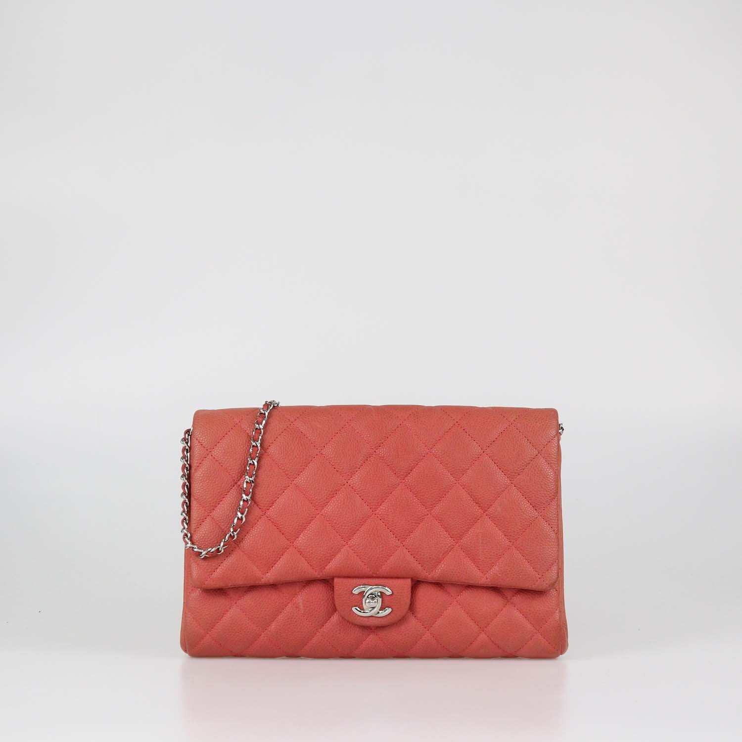 Chanel Red Quilted Caviar Leather Classic Flap Clutch On Chain