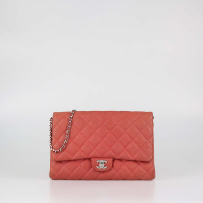 Chanel Red Quilted Caviar Leather Classic Flap Clutch On Chain