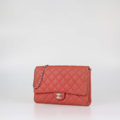 Chanel Red Quilted Caviar Leather Classic Flap Clutch On Chain