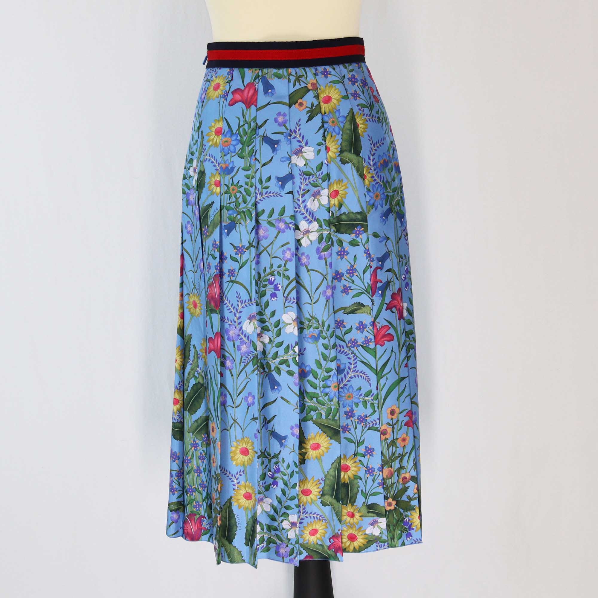 Gucci Blue Floral Print Pleated Midi Skirt Clothing Gucci 