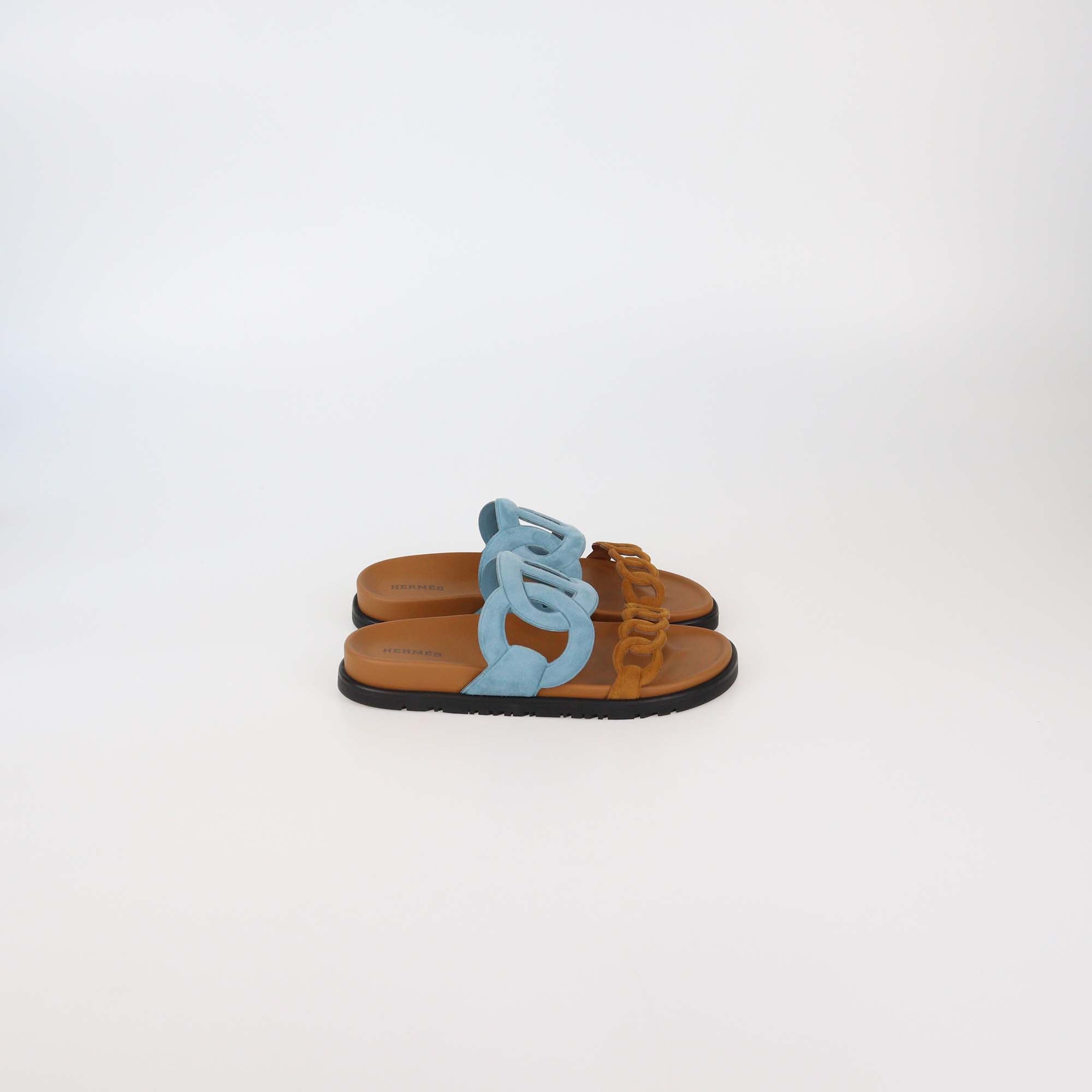 Hermes Bleu Cristaux/Naturel Suede Extra Sandals