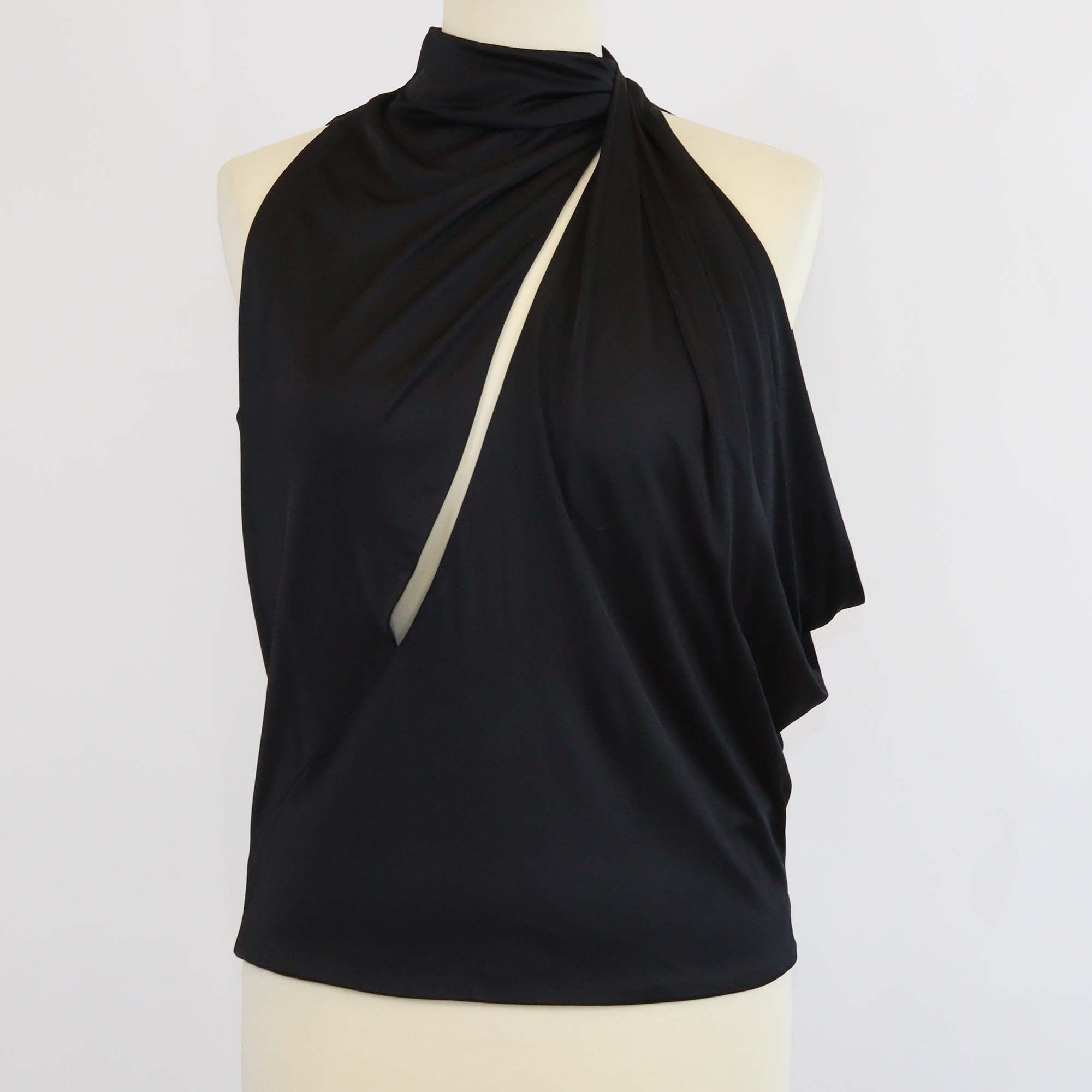 Versace Black Satin Cutout Turtle Neck Sleeveless Top