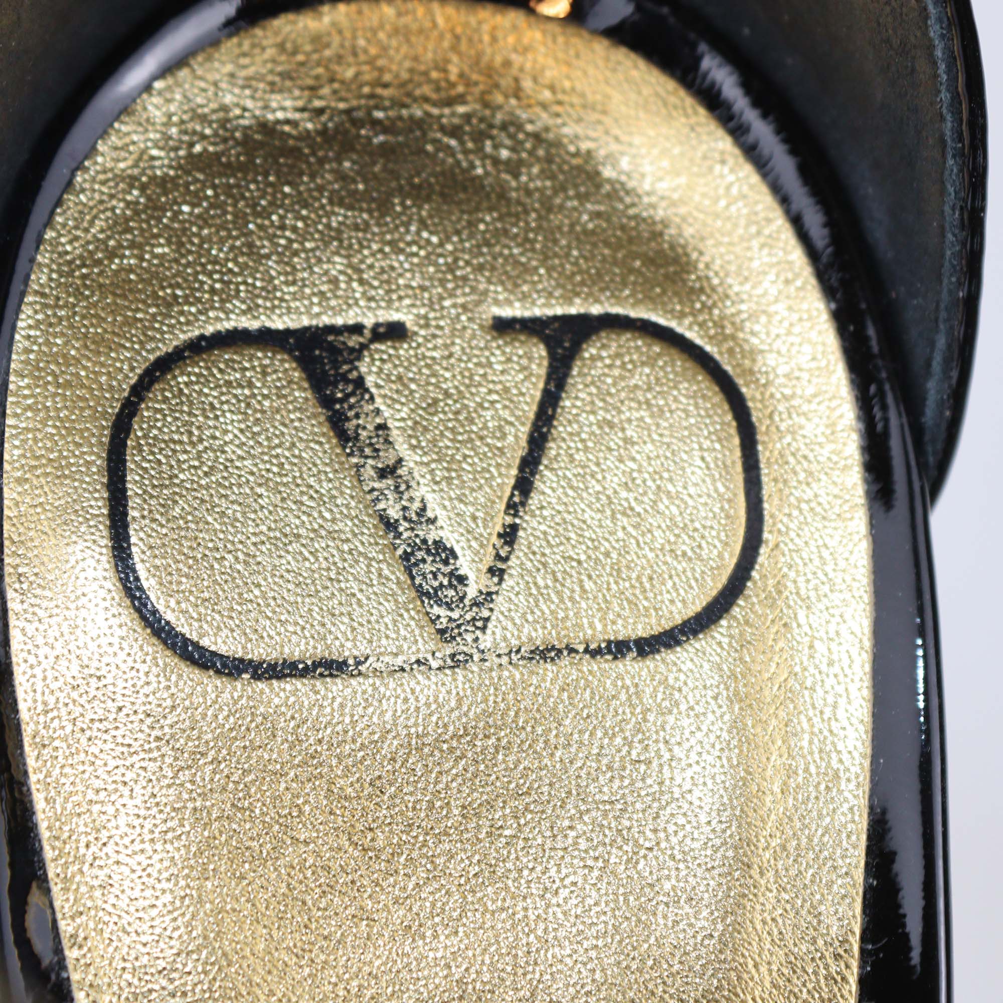 Valentino Black Patent Leather One Stud Platform Ankle Strap Sandals