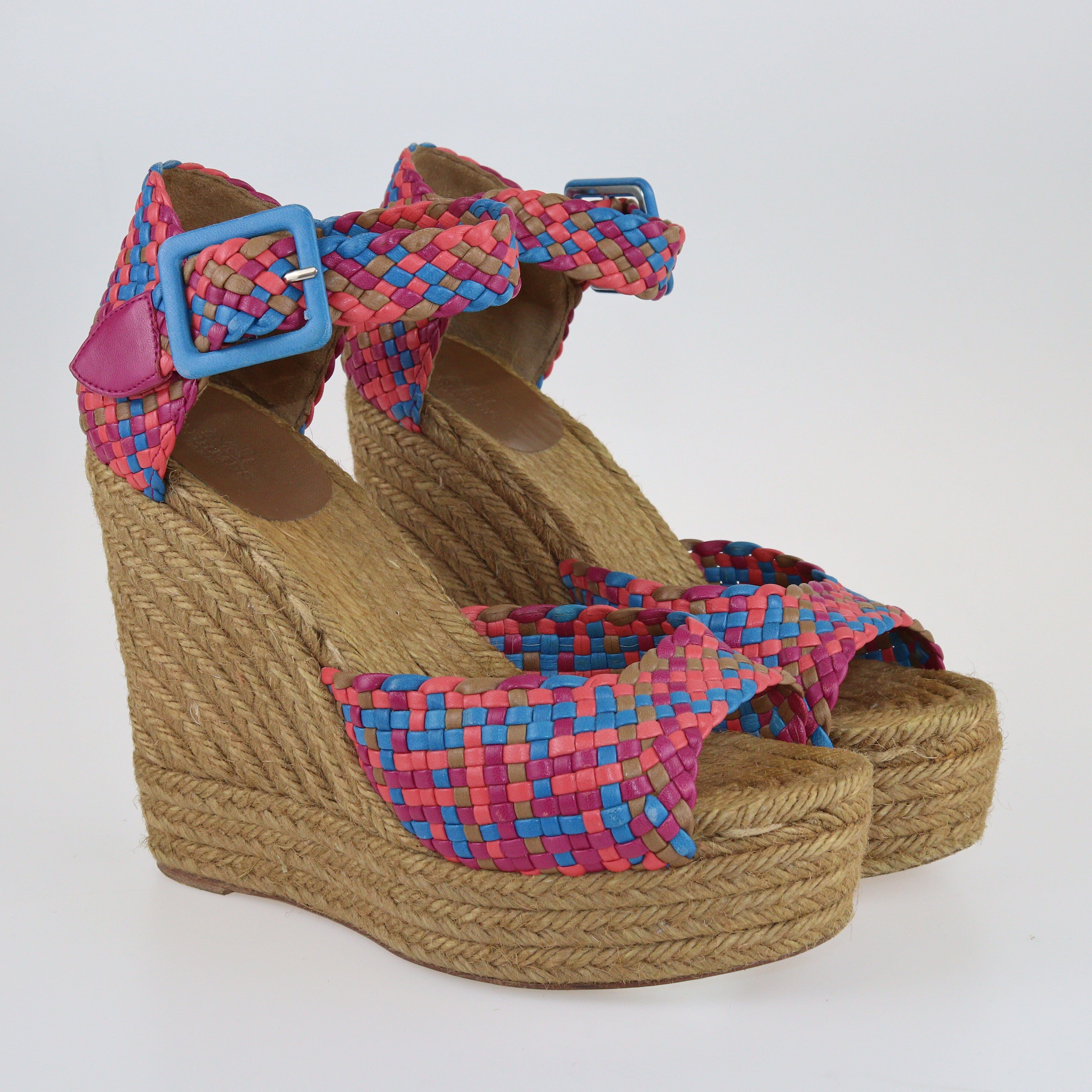 Hermes Multicolor Woven Leather Espadrille Wedge Sandals Shoes Hermes 