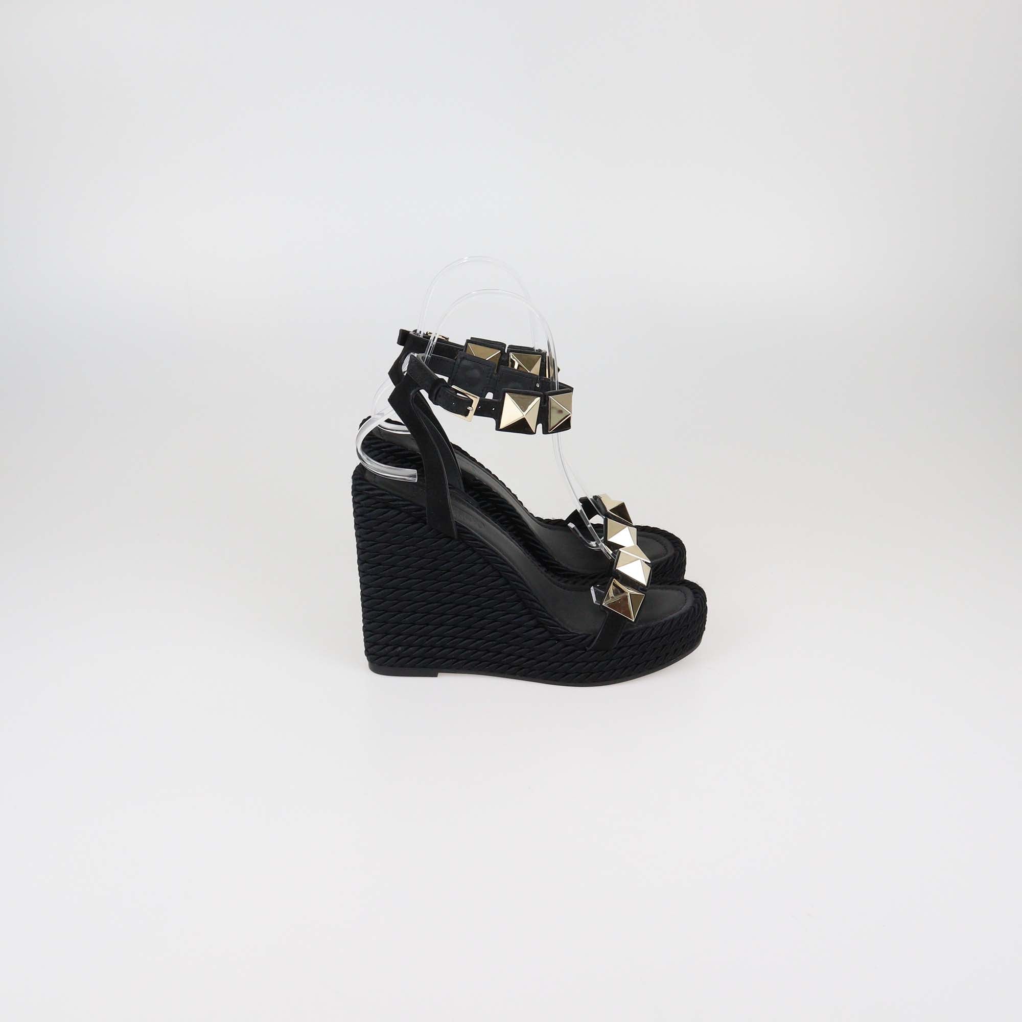 Valentino Black Suede Roman Studs Wedge Espadrille Sandals