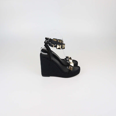 Valentino Black Suede Roman Studs Wedge Espadrille Sandals
