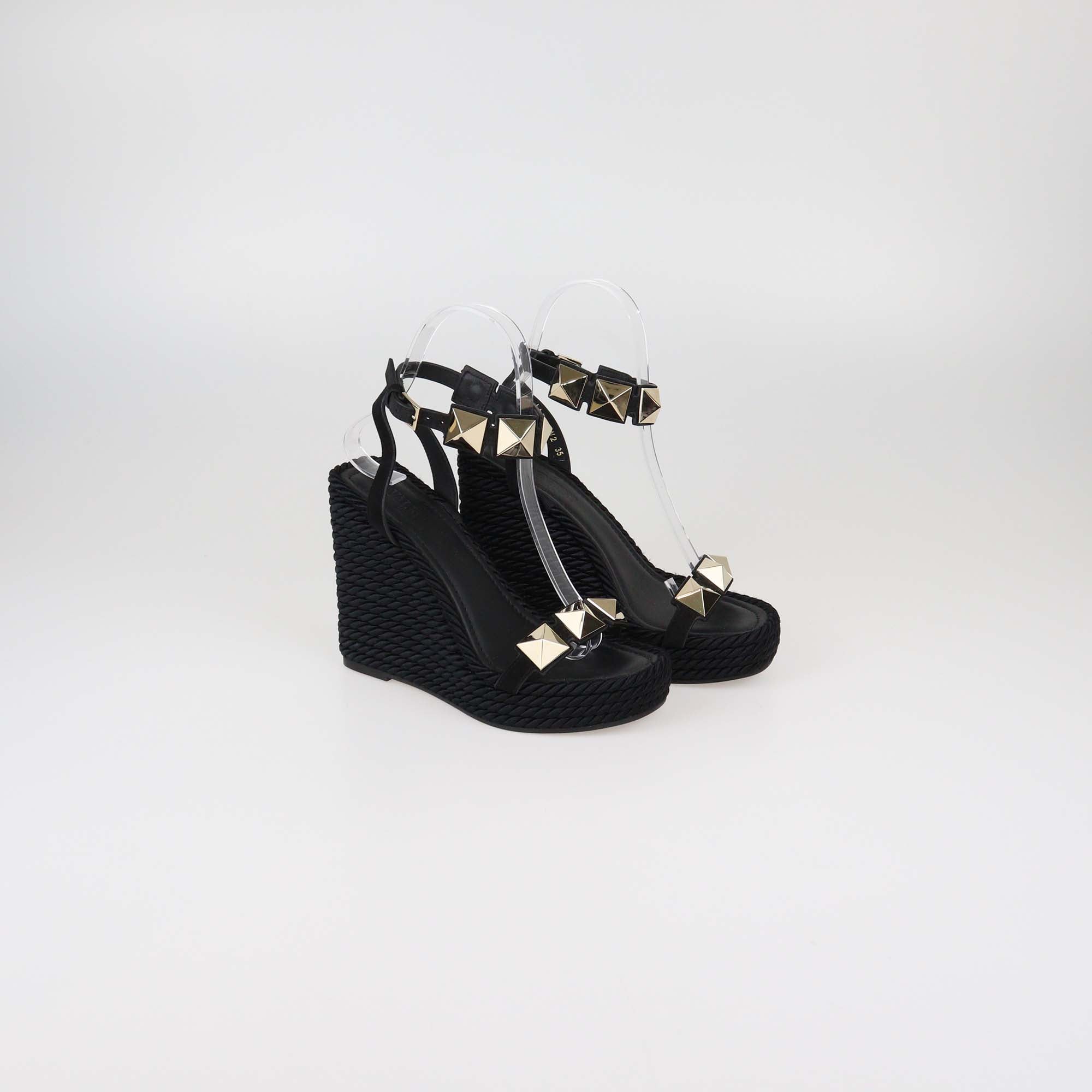 Valentino Black Suede Roman Studs Wedge Espadrille Sandals