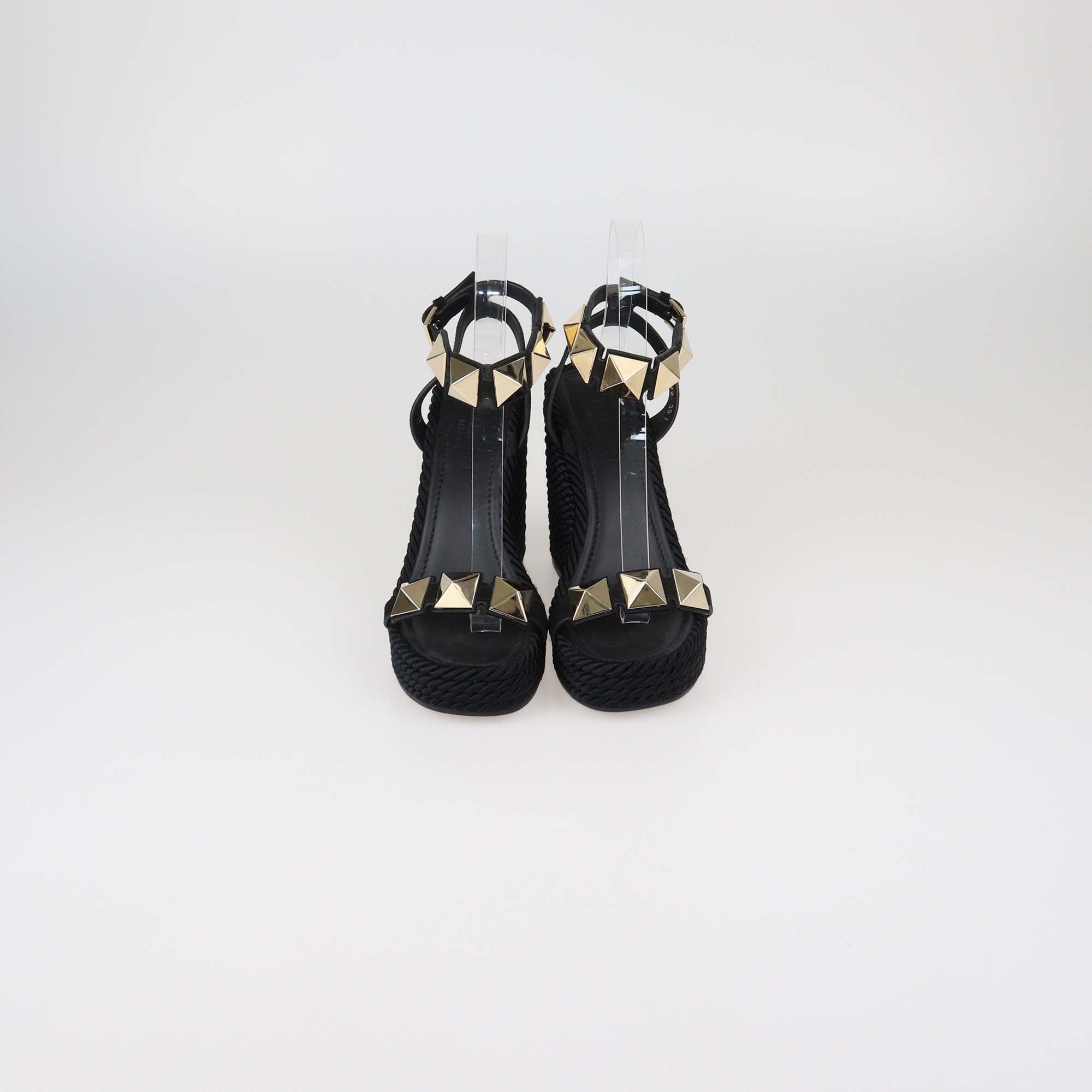 Valentino Black Suede Roman Studs Wedge Espadrille Sandals
