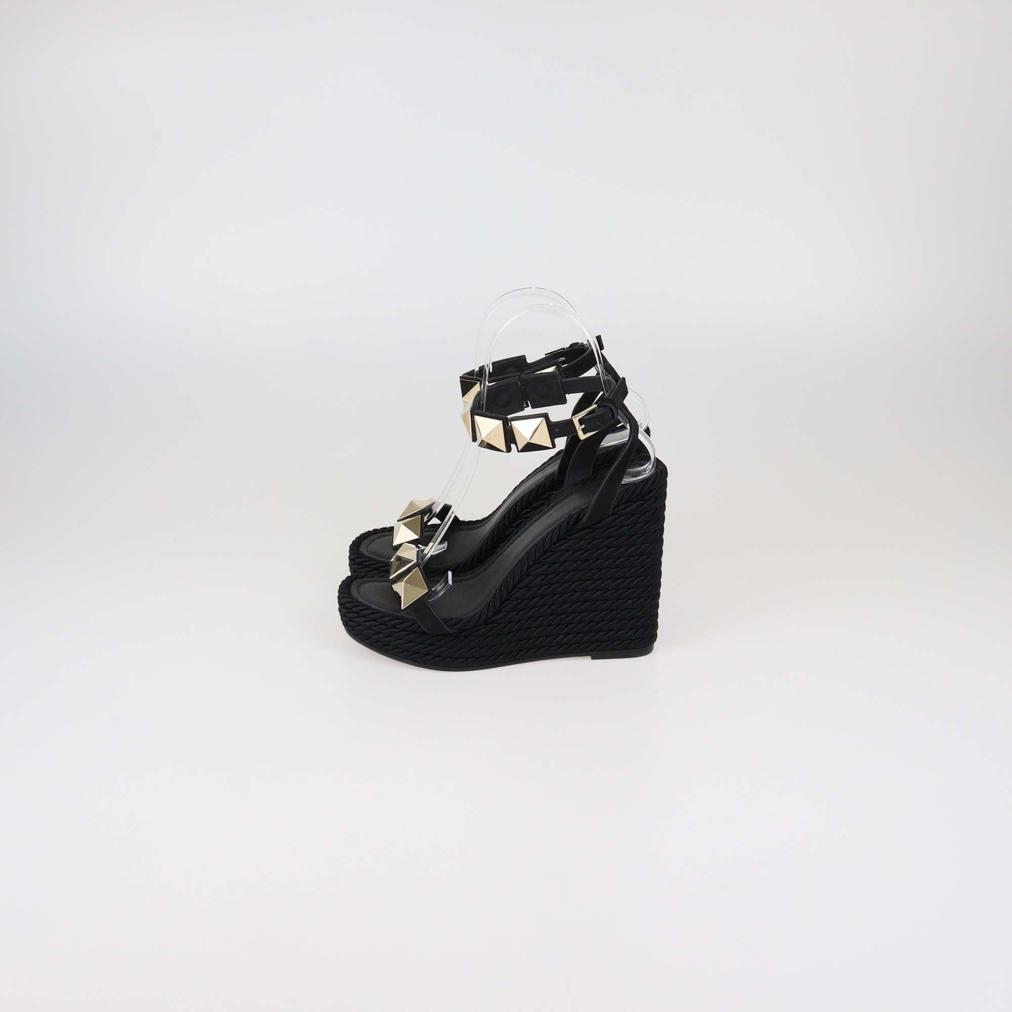 Valentino Black Suede Roman Studs Wedge Espadrille Sandals