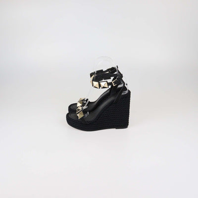 Valentino Black Suede Roman Studs Wedge Espadrille Sandals