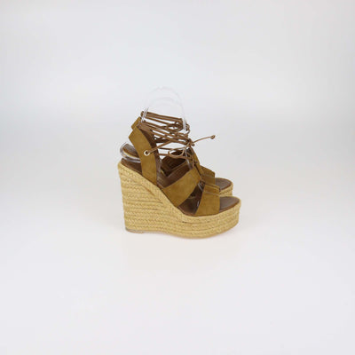 Saint Laurent Brown Suede and Leather Lace Up Espadrille Wedge Sandals