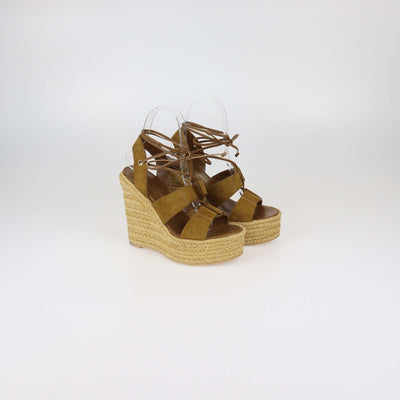Saint Laurent Brown Suede and Leather Lace Up Espadrille Wedge Sandals