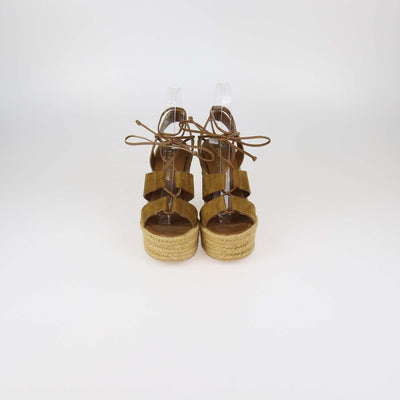 Saint Laurent Brown Suede and Leather Lace Up Espadrille Wedge Sandals
